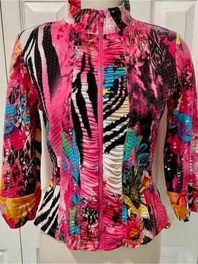 80s Erin London Bright Pink Multi-Print Zip Front Jacket